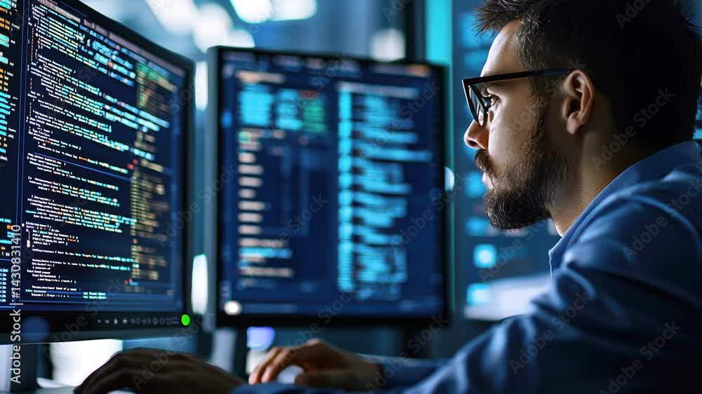Tech expert examines AI-driven big data in a cutting-edge datacenter environment. Tech expert examines AI-driven big data in a cutting-edge datacenter environment.