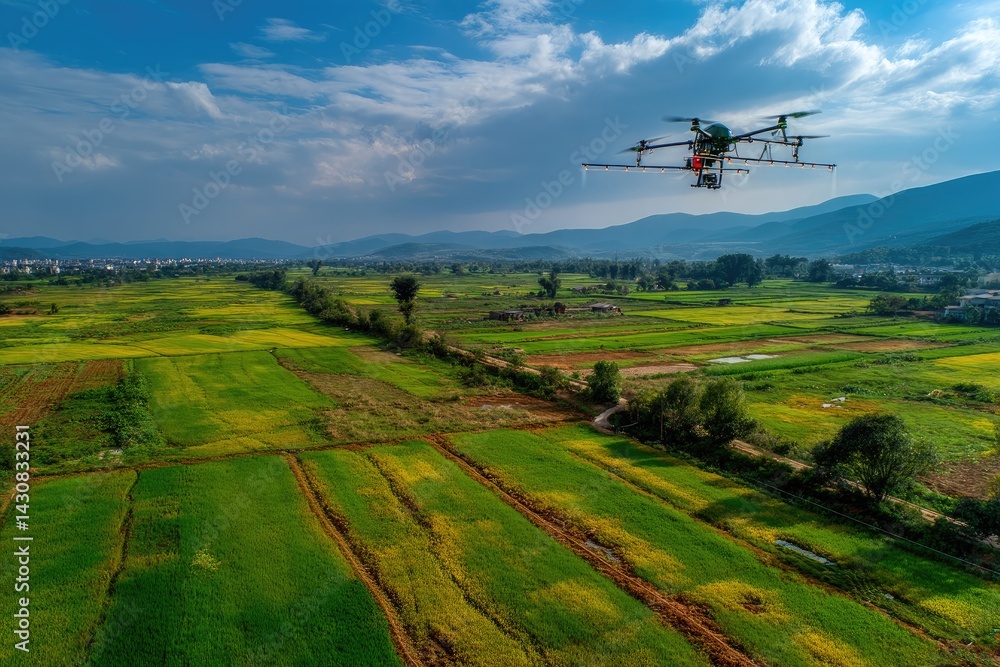 Fototapeta premium Agricultural aircraft sprays pesticides on large fields of crops