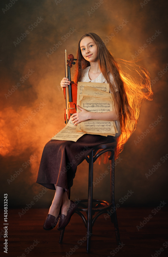 Portrait of a beautiful girl with developing long hair and a violin on a dark background in the studio. Music and art
