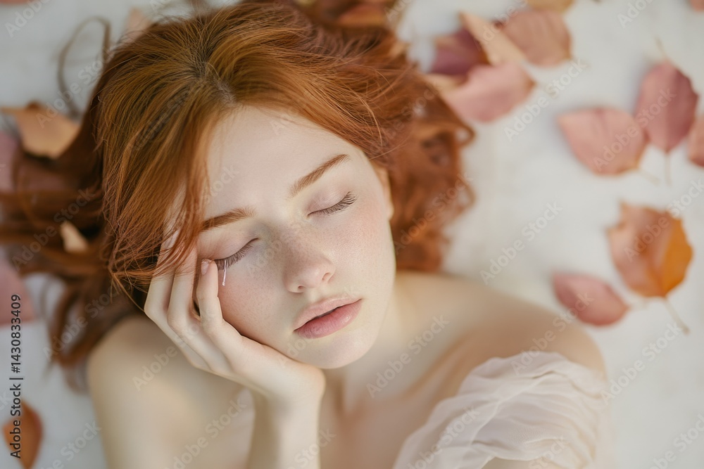 A redhead woman with freckles sleeps peacefully amidst autumn leaves, a tear rolling down her cheek. A redhead woman with freckles sleeps peacefully amidst autumn leaves, a tear rolling down her cheek.