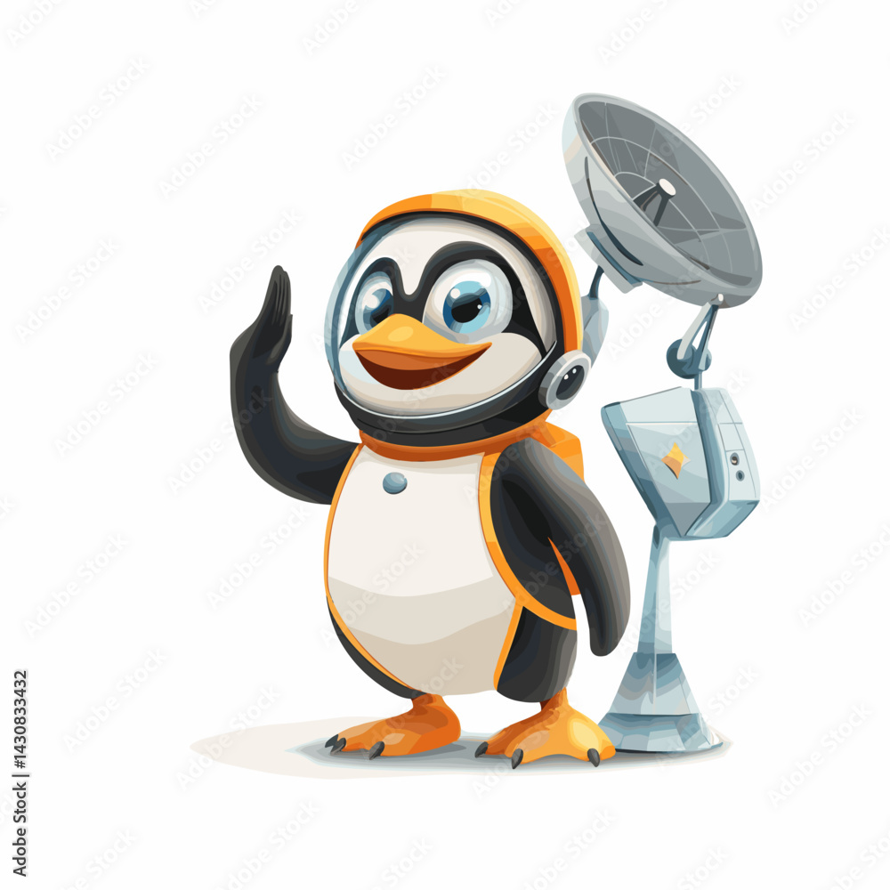Obraz premium Cartoon vector illustration of a penguin cosmonaut saluting in front of a small satellite dish on white background
