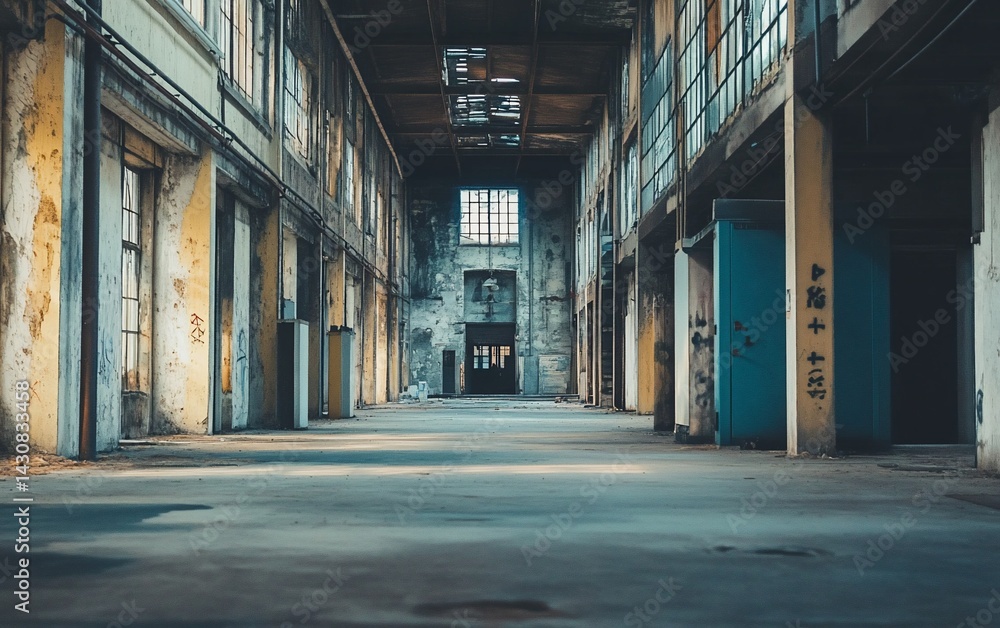 Abandoned industrial hall with decaying walls and natural light filtering through windows Abandoned industrial hall with decaying walls and natural light filtering through windows