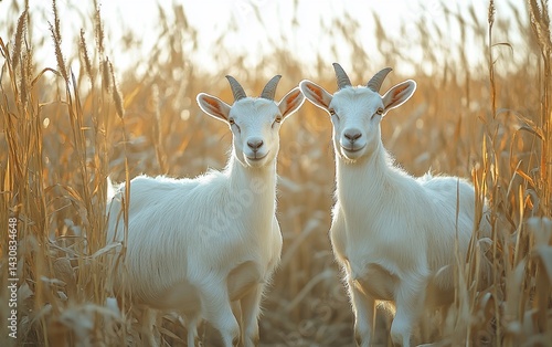 Two white goats stand in a golden field, looking at the viewer with friendly expressions