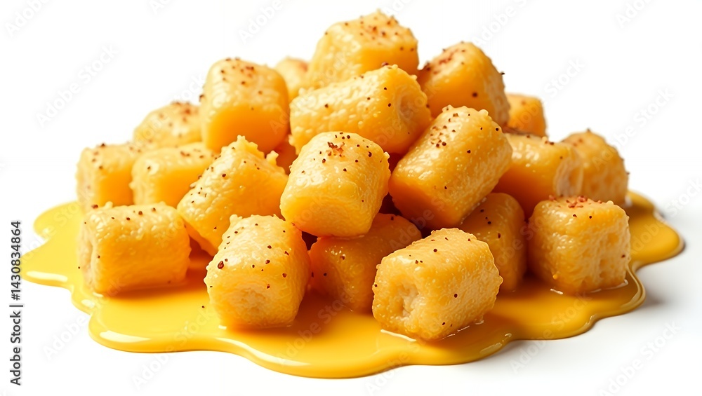 Tater tots smothered in melted cheese served crispy isolated on white background for snack Tater tots smothered in melted cheese served crispy isolated on white background for snack