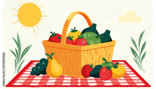 Summer picnic basket with colorful fruits on checkered blanket, joyful concept