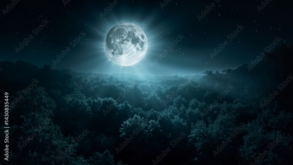 A radiant full moon illuminates the forest at night, creating a mesmerizing glow. The mystical scene evokes a sense of tranquility and wonder A radiant full moon illuminates the forest at night, creating a mesmerizing glow. The mystical scene evokes a sense of tranquility and wonder