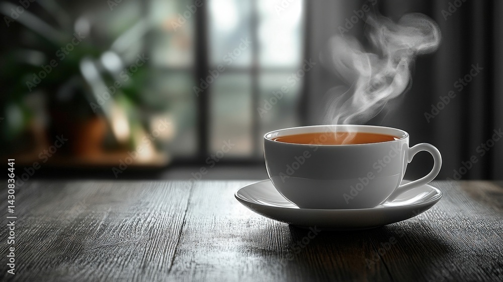 Obraz premium Steaming Cup Of Tea On A Wooden Table With Blurred Background And Soft Lighting