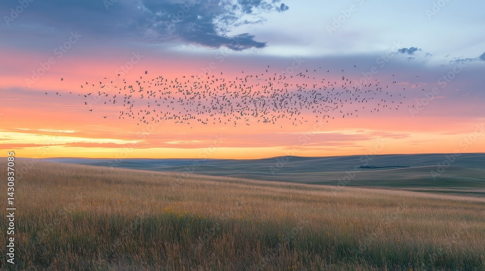 Obraz premium Birds Flying Over a Field at Sunset
