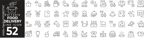 Food Delivery Icon Set: A Line Icon Collection Featuring Online Order, Scooter, App, Fast Food, Delivery Bag, and More