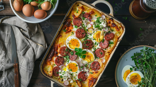 Top-down view of Rakott Krumpli with layers of potatoes, sausage, hard-boiled eggs, and sour cream