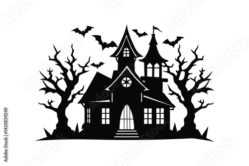 Silouette art illustration of a haunted house with bats flying.eps