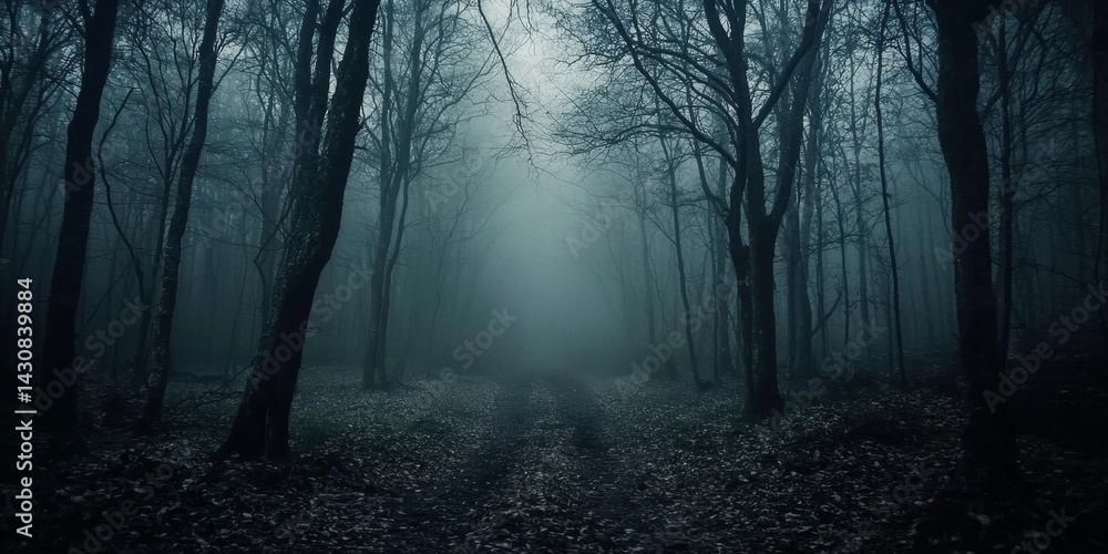 Naklejka premium Scary Adventure Through a Fog-Drenched Forest
