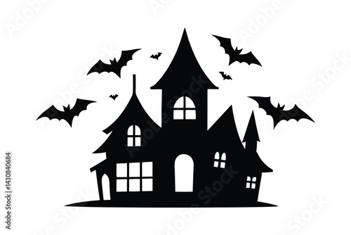 Silouette art illustration of an old haunted house with bats flying.eps