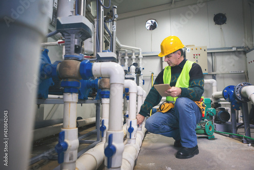Senior maintenance engineer checking the system in the boiler room