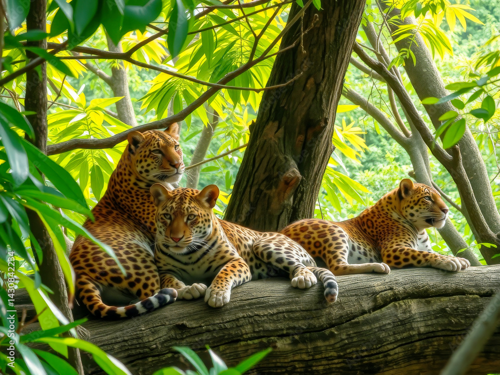 Three leopards are sitting on a tree branch. The mother is laying down and the other two are sitting up