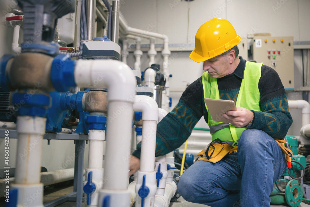 Senior maintenance engineer checking the system in the boiler room Senior maintenance engineer checking the system in the boiler room