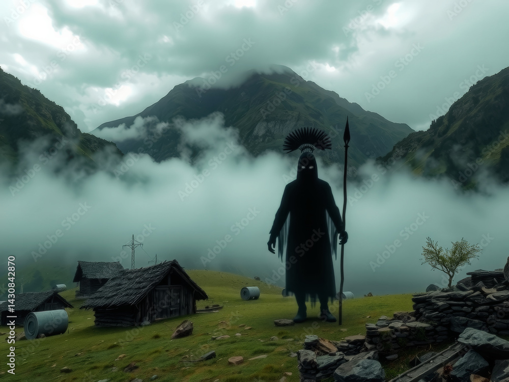 A man with a spear stands in a foggy field with mountains in the background. The scene is mysterious and eerie, with the fog adding to the sense of unease