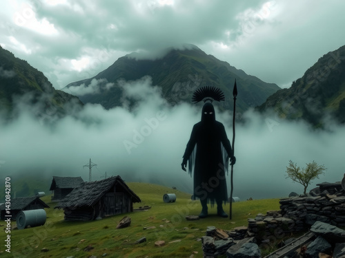 Obraz na płótnie A man with a spear stands in a foggy field with mountains in the background. The scene is mysterious and eerie, with the fog adding to the sense of unease w salonie