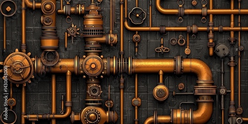 Unique pattern of pipes and valve connections in a steampunk style.