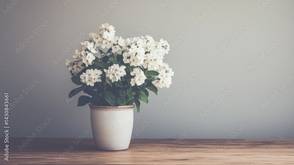 Rustic wooden desk with a ceramic pot of white flowers adding warmth and charm Rustic wooden desk with a ceramic pot of white flowers adding warmth and charm