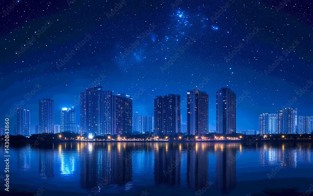Fototapeta premium City skyline at night, illuminated buildings, reflected in water under a starry sky