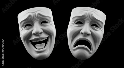 Theater masks depict joy and sorrow expressing dramatic emotions well