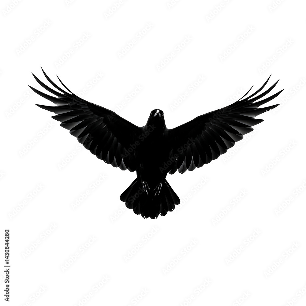 Fototapeta premium Dramatic black raven soars in flight against a stark white background