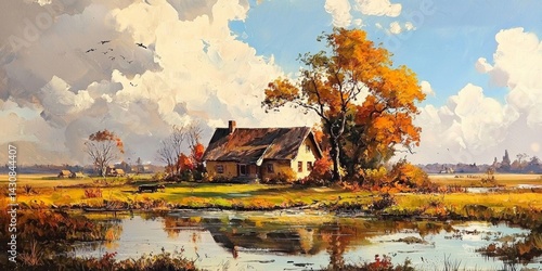 Serene Outdoor Painting of a Retro Farming Village