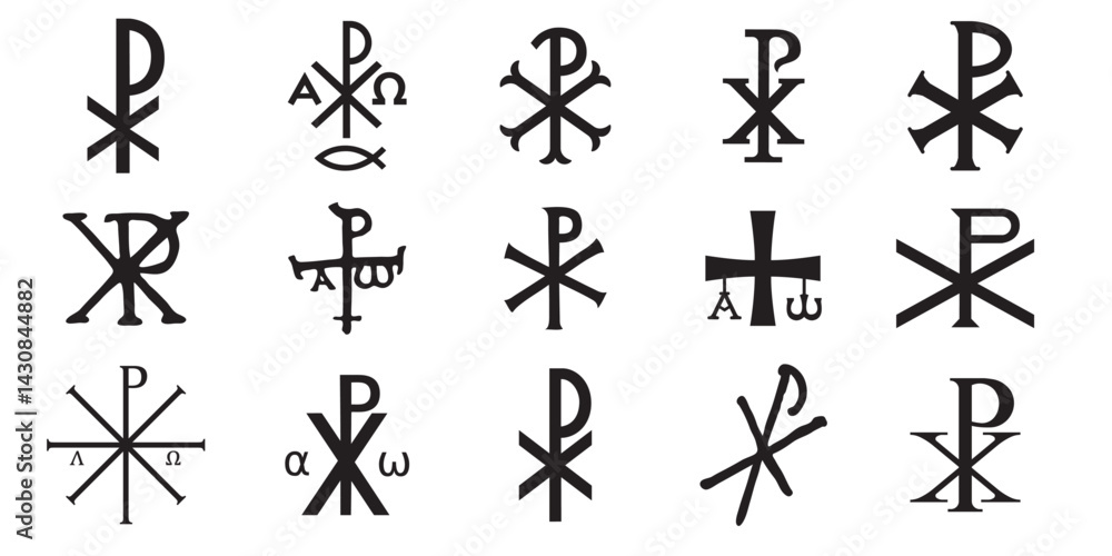 Christian symbols icons set. Glossy Chi Rho, Christogram, Chrismon, Labarum symbols set. Christian symbols icons set. Glossy Chi Rho, Christogram, Chrismon, Labarum symbols set.