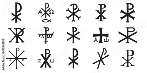 Christian symbols icons set. Glossy Chi Rho, Christogram, Chrismon, Labarum symbols set.