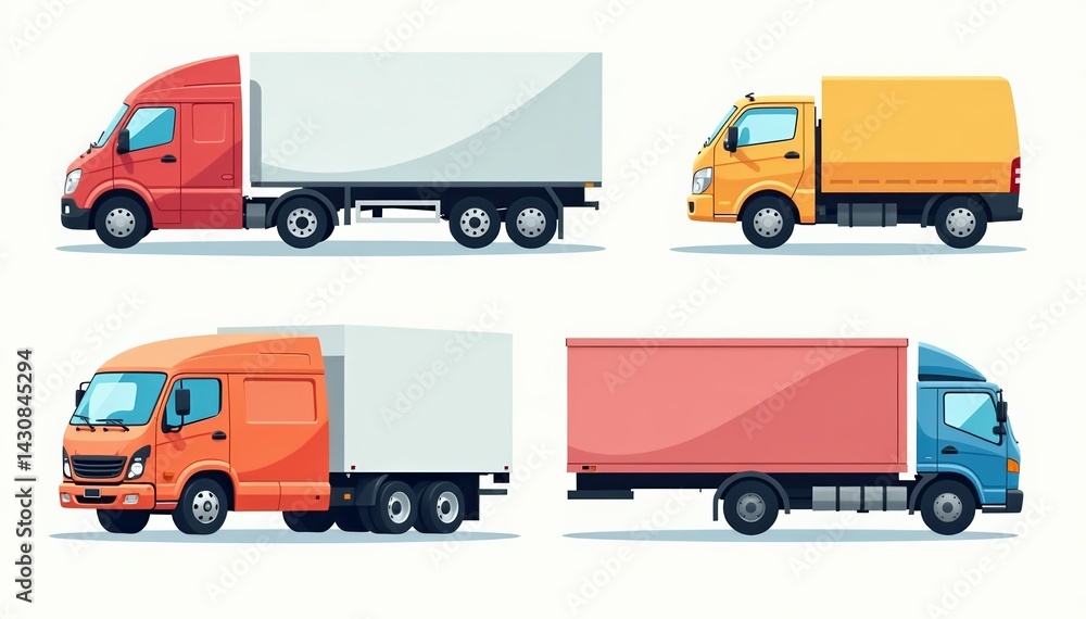 Fototapeta premium Simple flat design vector of van truck and lorry icons with white background, transport, isolated