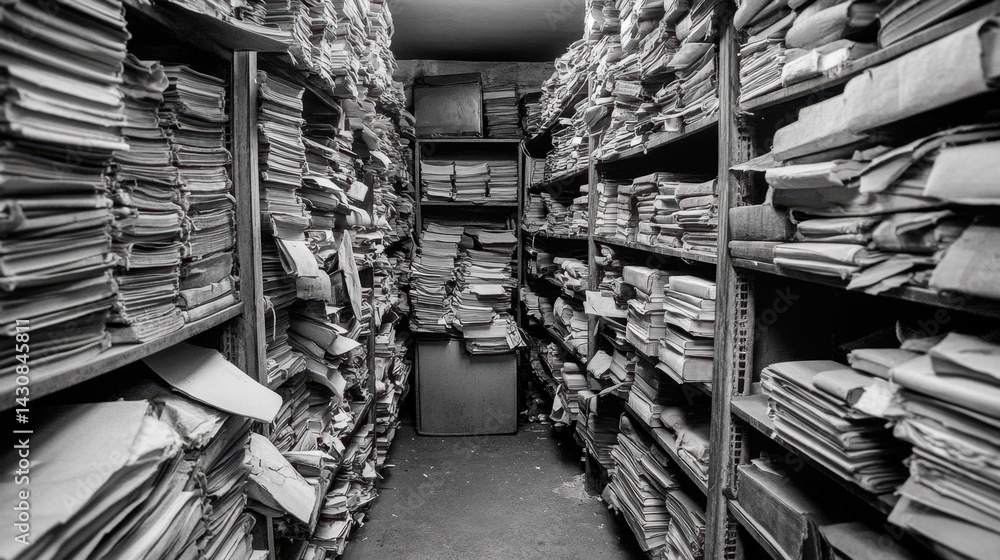 Obraz premium Symmetrical shelves in an archive room showing light and shadow between rows