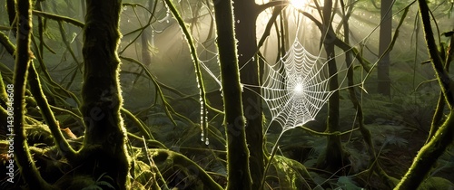 Spider web woven among mossy branches dripping with sparkling dew droplets in early morning forest light