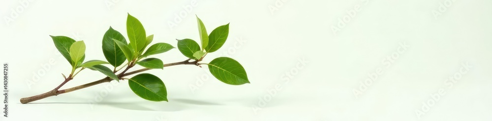 Single branch with minimal surrounding area on white surface, foliage, green, brown Single branch with minimal surrounding area on white surface, foliage, green, brown