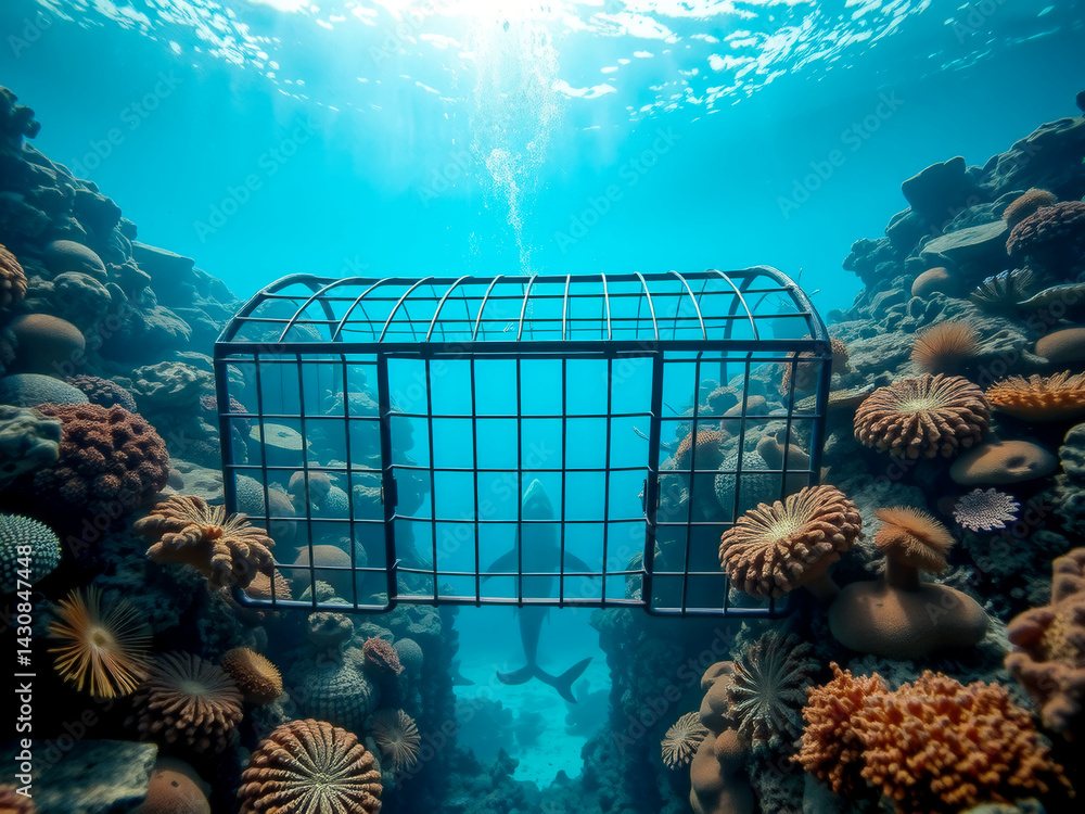 A man is in a cage in the ocean. The cage is surrounded by coral and fish. The man is looking at the camera