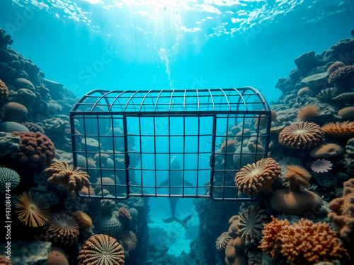 Obraz na płótnie A man is in a cage in the ocean. The cage is surrounded by coral and fish. The man is looking at the camera w salonie