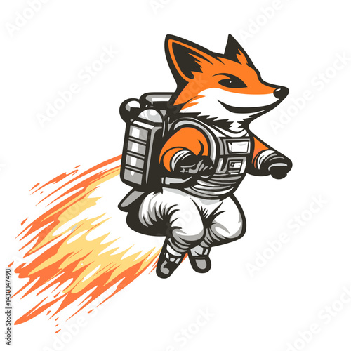 Cartoon vector illustration of a fox pilot drifting beside a glowing comet tail on white background
