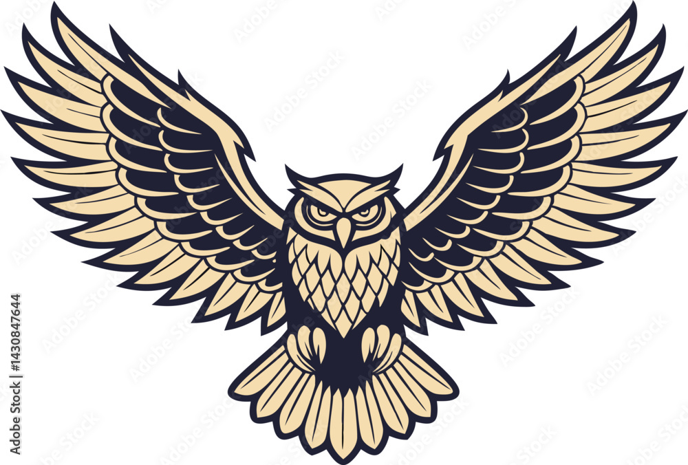 Fototapeta premium Majestic Owl in Flight Vector Art – Stylized Bird of Prey with Spread Wings, Piercing Eyes & Fantasy Inspired Design 