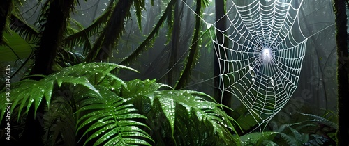 Spider web sparkling with dew drops among rainforest ferns shimmering like nets of countless tiny jewels
