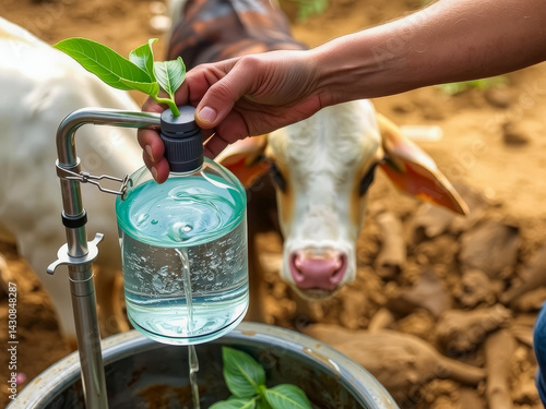 A person is watering a plant with a watering can. A cow is standing behind the person. The cow is white and brown