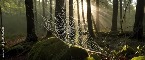 Spider web dripping with rain in a sun dappled forest clearing shimmering like strings of diamonds in soft morning