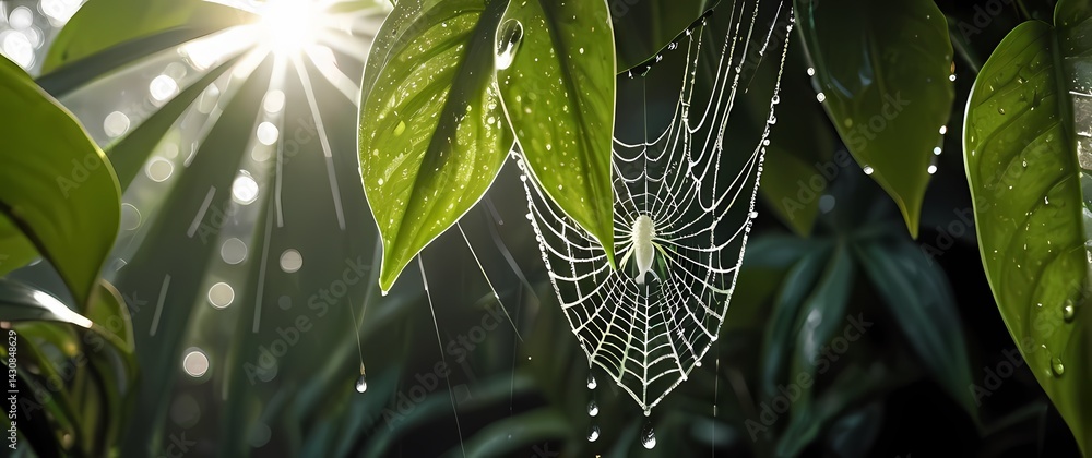 Spider web dripping with rain droplets stretched between tropical plant leaves glowing with filtered sunshine