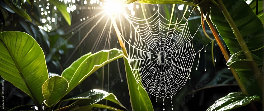 Spider web dripping with rain droplets stretched between tropical plant leaves glowing with filtered sunshine