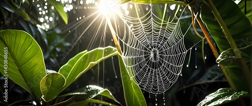 Obraz na płótnie Spider web dripping with rain droplets stretched between tropical plant leaves glowing with filtered sunshine w salonie