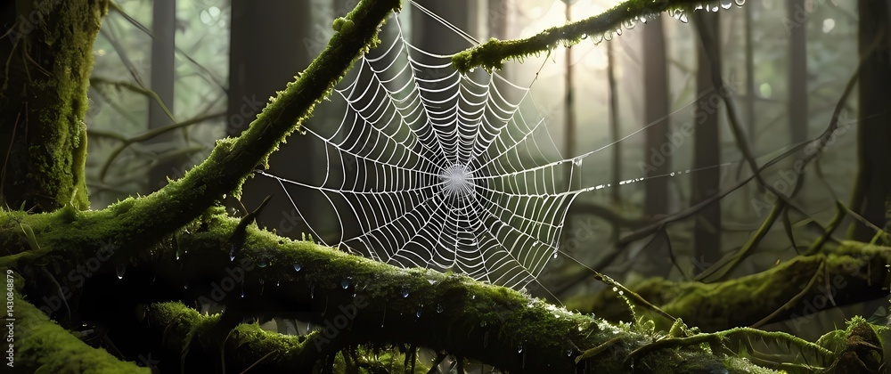 Spider web densely dotted with dew drops stretched between mossy branches sparkling in peaceful forest light