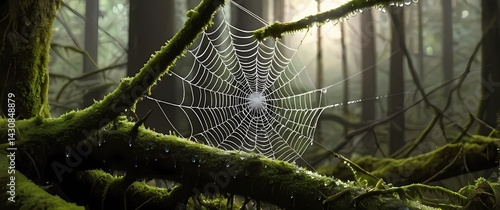 Obraz na płótnie Spider web densely dotted with dew drops stretched between mossy branches sparkling in peaceful forest light w salonie