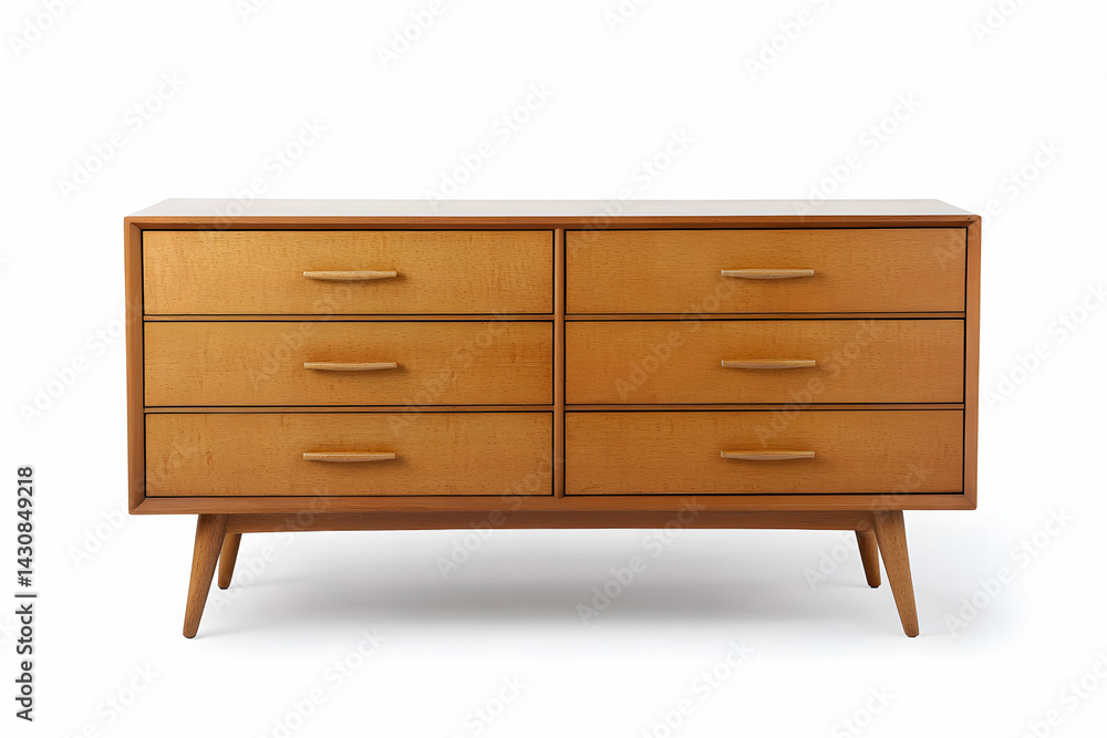 Sleek Mid Century Dresser with Clean Lines and Wooden Legs Display Sleek Mid Century Dresser with Clean Lines and Wooden Legs Display