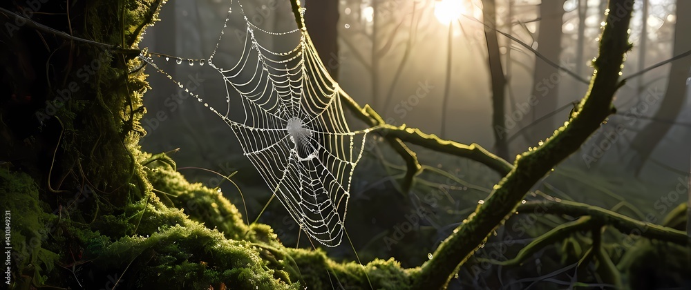Spider web adorned with countless dew drops suspended between mossy branches in tranquil early dawn light