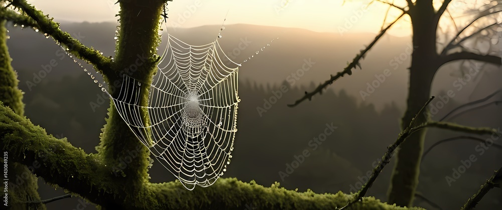 Spider web adorned with countless dew drops suspended between mossy branches in tranquil early dawn light