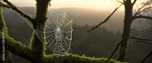 Obraz na płótnie Spider web adorned with countless dew drops suspended between mossy branches in tranquil early dawn light w salonie